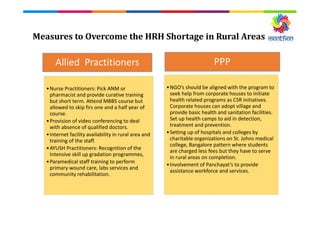 Measures to Overcome the HRH Shortage in Rural Areas
Allied Practitioners
•Nurse Practitioners: Pick ANM or
pharmacist and provide curative training
but short term. Attend MBBS course but
allowed to skip firs one and a half year of
course.
•Provision of video conferencing to deal
with absence of qualified doctors.
•Internet facility availability in rural area and
training of the staff.
•AYUSH Practitioners: Recognition of the
Intensive skill up gradation programmes,
•Paramedical staff training to perform
primary wound care, labs services and
community rehabilitation.
PPP
•NGO’s should be aligned with the program to
seek help from corporate houses to initiate
health related programs as CSR initiatives.
Corporate houses can adopt village and
provide basic health and sanitation facilities.
Set up health camps to aid in detection,
treatment and prevention.
•Setting up of hospitals and colleges by
charitable organizations on St. Johns medical
college, Bangalore pattern where students
are charged less fees but they have to serve
in rural areas on completion.
•Involvement of Panchayat’s to provide
assistance workforce and services.
 