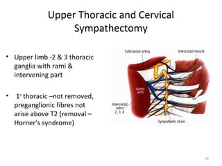 Upper Thoracic and Cervical
                   Sympathectomy

• Upper limb -2 & 3 thoracic
  ganglia with rami &
  intervening part

•   1st thoracic –not removed,
    preganglionic fibres not
    arise above T2 (removal –
    Horner’s syndrome)



                                            39
 