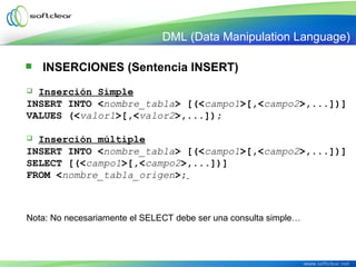  INSERCIONES (Sentencia INSERT)
 Inserción Simple
INSERT INTO <nombre_tabla> [(<campo1>[,<campo2>,...])]
VALUES (<valor1>[,<valor2>,...]);
 Inserción múltiple
INSERT INTO <nombre_tabla> [(<campo1>[,<campo2>,...])]
SELECT [(<campo1>[,<campo2>,...])]
FROM <nombre_tabla_origen>;
Nota: No necesariamente el SELECT debe ser una consulta simple…
DML (Data Manipulation Language)
 