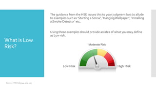 What is Low
Risk?
The guidance from the HSE leaves this to your judgment but do allude
to examples such as ‘Starting a Screw’, ‘HangingWallpaper’, ‘Installing
a Smoke Detector’ etc.
Using these examples should provide an idea of what you may define
as Low risk.
Source – HSE indg 344, 401, 455
 