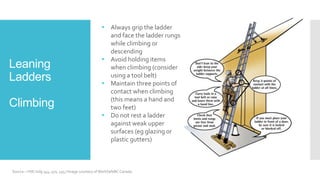 Leaning
Ladders
Climbing
• Always grip the ladder
and face the ladder rungs
while climbing or
descending
• Avoid holding items
when climbing (consider
using a tool belt)
• Maintain three points of
contact when climbing
(this means a hand and
two feet)
• Do not rest a ladder
against weak upper
surfaces (eg glazing or
plastic gutters)
Source – HSE indg 344, 401, 455 / Image courtesy of WorkSafeBC Canada
 