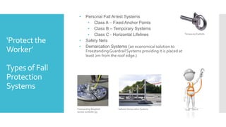 ‘Protect the
Worker’
Types of Fall
Protection
Systems
• Personal Fall Arrest Systems
• Class A – Fixed Anchor Points
• Class B – Temporary Systems
• Class C - Horizontal Lifelines
• Safety Nets
• Demarcation Systems (an economical solution to
Freestanding Guardrail Systems providing it is placed at
least 2m from the roof edge.)
Freestanding Weighted
Anchor to BS EN 795
Safesite Demarcation Systems
Temporary Eyebolts
 