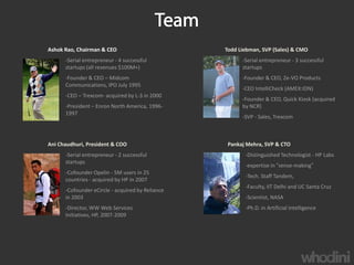 Ashok Rao, Chairman & CEO                         Todd Liebman, SVP (Sales) & CMO
      -Serial entrepreneur - 4 successful               -Serial entrepreneur - 3 successful
      startups (all revenues $100M+)                    startups
      -Founder & CEO – Midcom                           -Founder & CEO, Ze-VO Products
      Communications, IPO July 1995
                                                        -CEO IntelliCheck (AMEX:IDN)
      -CEO – Trexcom- acquired by L-3 in 2000
                                                        -Founder & CEO, Quick Kiosk (acquired
      -President – Enron North America, 1996-           by NCR)
      1997
                                                        -SVP - Sales, Trexcom



Ani Chaudhuri, President & COO                     Pankaj Mehra, SVP & CTO
      -Serial entrepreneur - 2 successful                -Distinguished Technologist - HP Labs
      startups
                                                         -expertise in “sense-making”
      -Cofounder Opelin - 5M users in 25
                                                         -Tech. Staff Tandem,
      countries - acquired by HP in 2007
                                                         -Faculty, IIT Delhi and UC Santa Cruz
      -Cofounder eCircle - acquired by Reliance
      in 2003                                            -Scientist, NASA
      -Director, WW Web Services                         -Ph.D. in Artificial Intelligence
      Initiatives, HP, 2007-2009
 