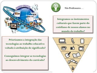 Nós Professores....



                                        Integramos os instrumentos
                                        culturais que fazem parte do
                                       cotidiano de nossos alunos no
                                            mundo do trabalho?


    Priorizamos a integração das
 tecnologias ao trabalho educativo
voltado à atribuição de significado?


Conseguimos integrar as tecnologias
 ao desenvolvimento do currículo?
 