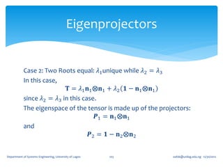 Eigenprojectors


            Case 2: Two Roots equal: 𝜆1 unique while 𝜆2 = 𝜆3
            In this case,
                            𝐓 = 𝜆1 𝐧1 ⨂𝐧1 + 𝜆2 𝟏 − 𝐧1 ⨂𝐧1
            since 𝜆2 = 𝜆3 in this case.
            The eigenspace of the tensor is made up of the projectors:
                                       𝑷1 = 𝐧1 ⨂𝐧1
            and
                                    𝑷2 = 𝟏 − 𝐧2 ⨂𝐧2


Department of Systems Engineering, University of Lagos   103   oafak@unilag.edu.ng 12/30/2012
 