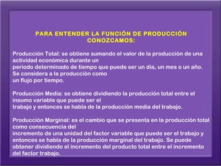 PARA ENTENDER LA FUNCIÓN DE PRODUCCIÓN
                     CONOZCAMOS:

Producción Total: se obtiene sumando el valor de la producción de una
actividad económica durante un
periodo determinado de tiempo que puede ser un día, un mes o un año.
Se considera a la producción como
un flujo por tiempo.

Producción Media: se obtiene dividiendo la producción total entre el
insumo variable que puede ser el
trabajo y entonces se habla de la producción media del trabajo.

Producción Marginal: es el cambio que se presenta en la producción total
como consecuencia del
incremento de una unidad del factor variable que puede ser el trabajo y
entonces se habla de la producción marginal del trabajo. Se puede
obtener dividiendo el incremento del producto total entre el incremento
del factor trabajo.
 