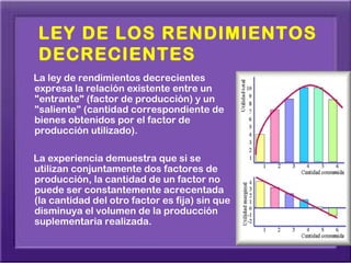 LEY DE LOS RENDIMIENTOS
 DECRECIENTES
La ley de rendimientos decrecientes
expresa la relación existente entre un
"entrante" (factor de producción) y un
"saliente" (cantidad correspondiente de
bienes obtenidos por el factor de
producción utilizado).

La experiencia demuestra que si se
utilizan conjuntamente dos factores de
producción, la cantidad de un factor no
puede ser constantemente acrecentada
(la cantidad del otro factor es fija) sin que
disminuya el volumen de la producción
suplementaria realizada.
 