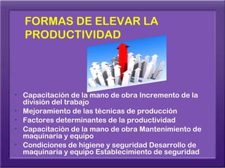 FORMAS DE ELEVAR LA
    PRODUCTIVIDAD




• Capacitación de la mano de obra Incremento de la
    división del trabajo
•   Mejoramiento de las técnicas de producción
•   Factores determinantes de la productividad
•   Capacitación de la mano de obra Mantenimiento de
    maquinaria y equipo
•   Condiciones de higiene y seguridad Desarrollo de
    maquinaria y equipo Establecimiento de seguridad
 