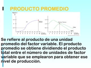 PRODUCTO PROMEDIO




Se refiere al producto de una unidad
promedio del factor variable. El producto
promedio se obtiene dividiendo el producto
total entre el número de unidades de factor
variable que se emplearon para obtener ese
nivel de producción.
 