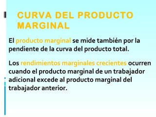 CURVA DEL PRODUCTO
  MARGINAL
El producto marginal se mide también por la
pendiente de la curva del producto total.

Los rendimientos marginales crecientes ocurren
cuando el producto marginal de un trabajador
adicional excede al producto marginal del
trabajador anterior.
 