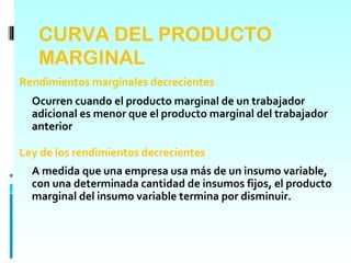 CURVA DEL PRODUCTO
   MARGINAL
Rendimientos marginales decrecientes
  Ocurren cuando el producto marginal de un trabajador
  adicional es menor que el producto marginal del trabajador
  anterior

Ley de los rendimientos decrecientes
  A medida que una empresa usa más de un insumo variable,
  con una determinada cantidad de insumos fijos, el producto
  marginal del insumo variable termina por disminuir.
 
