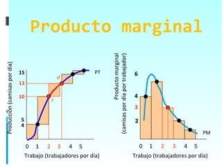Producto marginal



                                                                                 Producto marginal
                                                                    (camisas por día por trabajador)
Producción (camisas por día)




                               15                              PT                                      6
                                                 d
                               13

                               10                                                                      4
                                             c
                                                                                                       3

                               5                                                                        2
                               4
                                                                                                                                    PM

                                   0 1 2 3 4 5                                                              0   1   2   3   4   5
                                   Trabajo (trabajadores por día)                                      Trabajo (trabajadores por día)
 