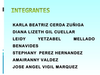 KARLA BEATRIZ CERDA ZUÑIGA
DIANA LIZETH GIL CUELLAR
LEIDY    YETZABEL      MELLADO
BENAVIDES
STEPHANY PEREZ HERNANDEZ
AMAIRANNY VALDEZ
JOSE ANGEL VIGIL MARQUEZ
 