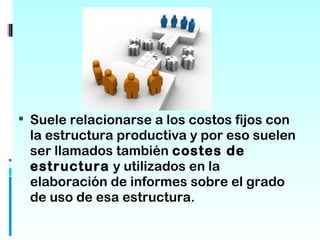  Suele relacionarse a los costos fijos con
 la estructura productiva y por eso suelen
 ser llamados también costes de
 estructura y utilizados en la
 elaboración de informes sobre el grado
 de uso de esa estructura.
 
