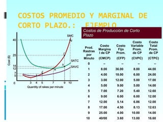 COSTOS PROMEDIO Y MARGINAL DE
CORTO PLAZO.: EJEMPLO
              Costos de Producción de Corto
              Plazo
                                           Costo     Costo
                         Costo    Costo   Variable   Total
               Prod.
                        Margina    Fijo    Prom.     Prom.
              Rastras
                        l de CP   Prom.    de CP     de CP
                por
              Minuto    (CMCP)    (CFP)   (CVPC)     (CTPC)
                0         –          –        –         –
                1        8.00     36.00    8.00      44.00
                2        4.00     18.00    6.00      24.00
                3        3.00     12.00    5.00      17.00
                4        5.00      9.00    5.00      14.00
                5        7.00      7.20    5.40      12.60
                6        9.00      6.00    6.00      12.00
                7       12.00      5.14    6.86      12.00
                8       17.00      4.50    8.13      12.63
                9       25.00      4.00   10.00      14.00
               10       40/00      3.60   13.00      16.60
 