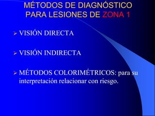 MÉTODOS DE DIAGNÓSTICO
PARA LESIONES DE ZONA 1
 VISIÓN

DIRECTA

 VISIÓN

INDIRECTA

 MÉTODOS

COLORIMÉTRICOS: para su
interpretación relacionar con riesgo.

 