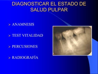 DIAGNOSTICAR EL ESTADO DE
SALUD PULPAR


ANAMNESIS



TEST VITALIDAD



PERCUSIONES



RADIOGRAFÍA

 
