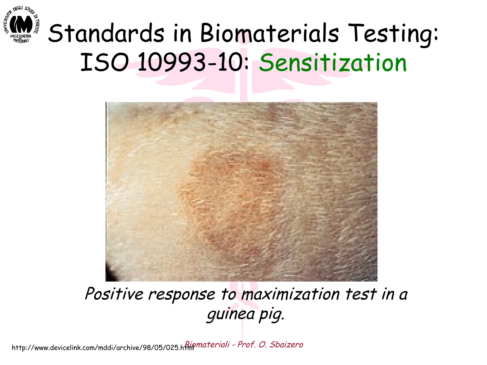 Biomateriali - Prof. O. Sbaizero
Standards in Biomaterials Testing:
ISO 10993-10: Sensitization
Positive response to maximization test in a
guinea pig.
http://www.devicelink.com/mddi/archive/98/05/025.html
 