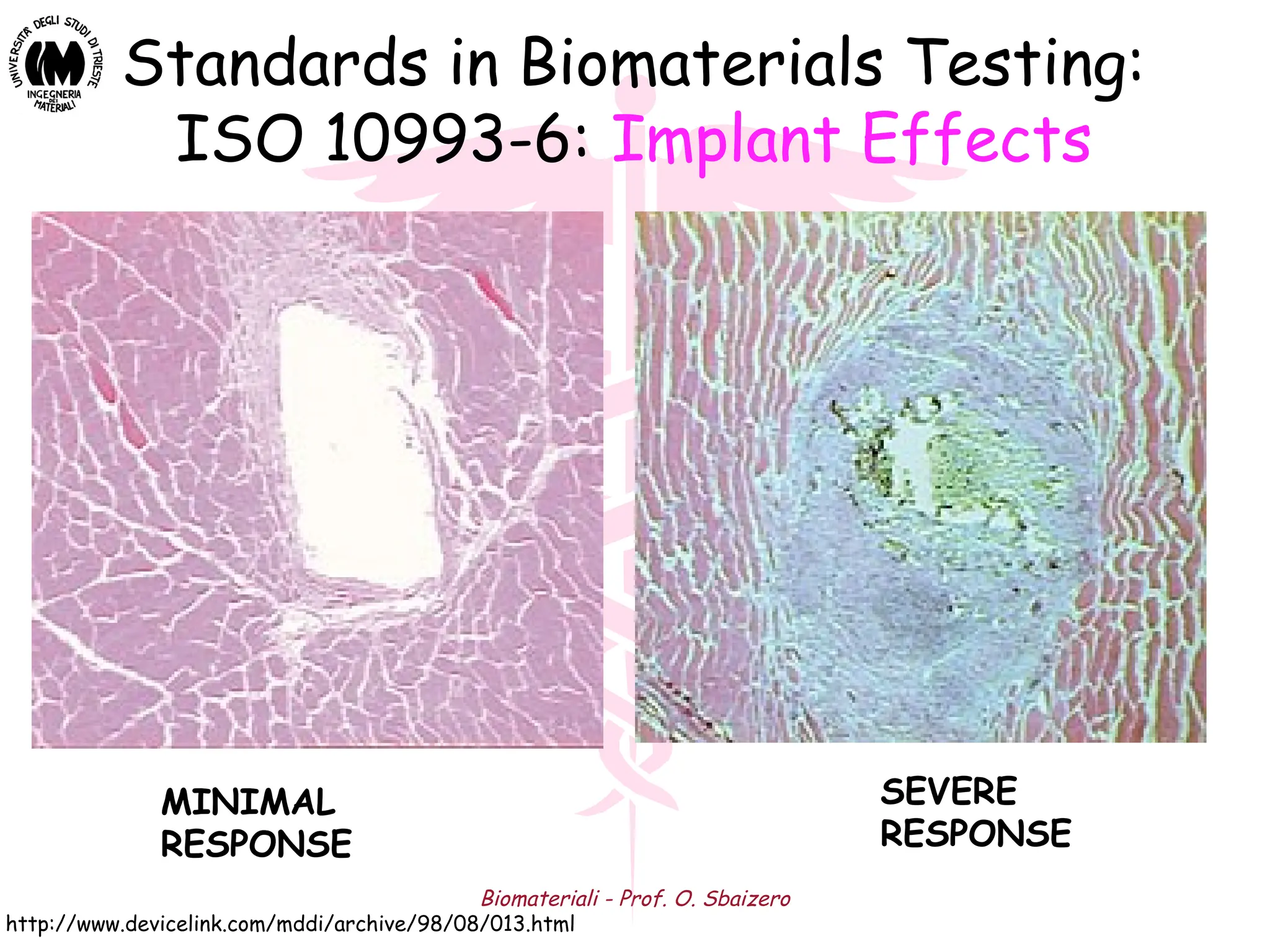 Biomateriali - Prof. O. Sbaizero
Standards in Biomaterials Testing:
ISO 10993-6: Implant Effects
http://www.devicelink.com/mddi/archive/98/08/013.html
MINIMAL
RESPONSE
SEVERE
RESPONSE
 