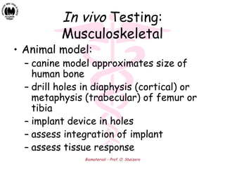 Biomateriali - Prof. O. Sbaizero
In vivo Testing:
Musculoskeletal
• Animal model:
– canine model approximates size of
human bone
– drill holes in diaphysis (cortical) or
metaphysis (trabecular) of femur or
tibia
– implant device in holes
– assess integration of implant
– assess tissue response
 