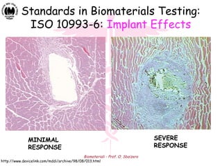 Biomateriali - Prof. O. Sbaizero
Standards in Biomaterials Testing:
ISO 10993-6: Implant Effects
http://www.devicelink.com/mddi/archive/98/08/013.html
MINIMAL
RESPONSE
SEVERE
RESPONSE
 