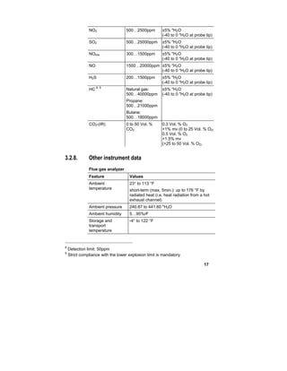 17
NO2 500…2500ppm ±5% "H2O
(-40 to 0 "H2O at probe tip)
SO2 500…25000ppm ±5% "H2O
(-40 to 0 "H2O at probe tip)
NOlow 300…1500ppm ±5% "H2O
(-40 to 0 "H2O at probe tip)
NO 1500…20000ppm ±5% "H2O
(-40 to 0 "H2O at probe tip)
H2S 200…1500ppm ±5% "H2O
(-40 to 0 "H2O at probe tip)
HC
8, 9
Natural gas:
500…40000ppm
Propane:
500…21000ppm
Butane:
500…18000ppm
±5% "H2O
(-40 to 0 "H2O at probe tip)
CO2-(IR) 0 to 50 Vol. %
CO2
0.3 Vol. % O2
+1% mv (0 to 25 Vol. % O2)
0.5 Vol. % O2
+1.5% mv
(>25 to 50 Vol. % O2)
3.2.8. Other instrument data
Flue gas analyzer
Feature Values
Ambient
temperature
23° to 113 °F
short-term (max. 5min.): up to 176 °F by
radiated heat (i.e. heat radiation from a hot
exhaust channel)
Ambient pressure 240.87 to 441.60 "H2O
Ambient humidity 5…95%rF
Storage and
transport
temperature
-4° to 122 °F
8
Detection limit: 50ppm
9
Strict compliance with the lower explosion limit is mandatory.
 
