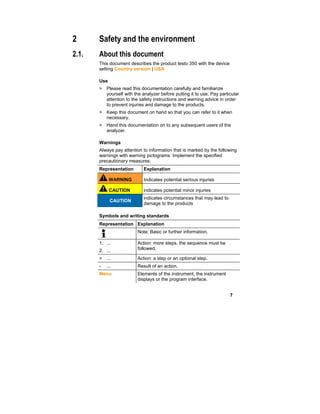 7
2 Safety and the environment
2.1. About this document
This document describes the product testo 350 with the device
setting Country version | USA
Use
> Please read this documentation carefully and familiarize
yourself with the analyzer before putting it to use. Pay particular
attention to the safety instructions and warning advice in order
to prevent injuries and damage to the products.
> Keep this document on hand so that you can refer to it when
necessary.
> Hand this documentation on to any subsequent users of the
analyzer.
Warnings
Always pay attention to information that is marked by the following
warnings with warning pictograms. Implement the specified
precautionary measures.
Representation Explanation
WARNING Indicates potential serious injuries
CAUTION indicates potential minor injuries
CAUTION
indicates circumstances that may lead to
damage to the products
Symbols and writing standards
Representation Explanation
Note: Basic or further information.
1. ...
2. ...
Action: more steps, the sequence must be
followed.
> ... Action: a step or an optional step.
- ... Result of an action.
Menu Elements of the instrument, the instrument
displays or the program interface.
 