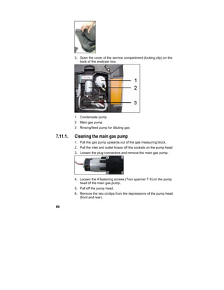 88
3. Open the cover of the service compartment (locking clip) on the
back of the analyzer box.
1 Condensate pump
2 Main gas pump
3 Rinsing/feed pump for diluting gas
7.11.1. Cleaning the main gas pump
1. Pull the gas pump upwards out of the gas measuring block.
2. Pull the inlet and outlet hoses off the sockets on the pump head
3. Loosen the plug connectors and remove the main gas pump.
4. Loosen the 4 fastening screws (Torx spanner T 9) on the pump
head of the main gas pump.
5. Pull off the pump head.
6. Remove the two circlips from the depressions of the pump head
(front and rear).
 