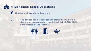 1| Managing School Operations
Classroom Layout and Structure
1. The school has established mechanisms inside the
classroom to ensure zero to minimal risk of COVID-19
transmission of the learners.
 