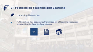2 | Focusing on Teaching and Learning
Learning Resources
1. The school has secured sufficient supply of learning resources
needed for the face-to-face classes.
1:1
 