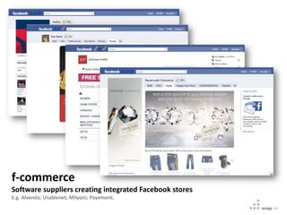 f-commerce
Software suppliers creating integrated Facebook stores
E.g. Alvenda; Usablenet; Milyoni; Payvment;
 