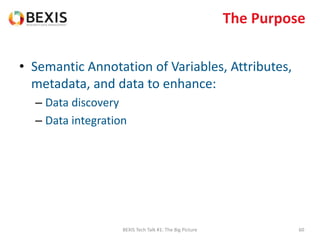 The Purpose
• Semantic Annotation of Variables, Attributes,
metadata, and data to enhance:
– Data discovery
– Data integration
BEXIS Tech Talk #1: The Big Picture 60
 