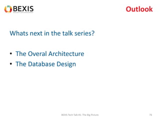 Outlook
Whats next in the talk series?
• The Overal Architecture
• The Database Design
BEXIS Tech Talk #1: The Big Picture 76
 