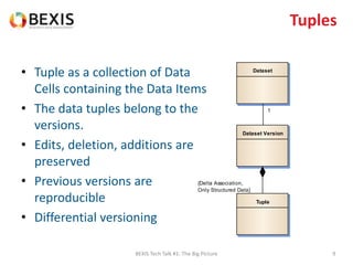 Tuples
• Tuple as a collection of Data
Cells containing the Data Items
• The data tuples belong to the
versions.
• Edits, deletion, additions are
preserved
• Previous versions are
reproducible
• Differential versioning
BEXIS Tech Talk #1: The Big Picture 9
Dataset
Dataset Version
Tuple
1
{Delta Association,
Only Structured Data}
 