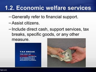 1.2. Economic welfare services
–Generally refer to financial support.
–Assist citizens.
–Include direct cash, support services, tax
breaks, specific goods, or any other
measure.
 