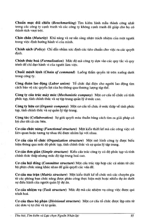 Chn:1n m!c doi chien (Benchmarking) Tim kiem hlnh milu thanh cong nhat
trong cae eong ty qnh tranh va cae eong ty khOng e~nh tranh da giup eho h<;> co
thii.nh tich vuqt troi.

Chin chAn (Maturity) Kha nang va su san sang nh~n traeh nhi~m ella mi?t ngum
trong vi~ dinh hU<mg hanh vi ella mlnh.

Chinh sach (Policy) 011 dill nhiim xae djnh cac tieu chuiin cho vi~c ra cac quyet
dinh.

Chinh thuc hoa (Formalisation) Muc d<} rna cong ty dl!a van cac quy tilc va quy
trlnh d(! chi d~o Mnh vi ella nguai lam vi~c.

Chnoi m~nh I~nh (Chain of command) Lu6ng thiirn quyen til tren xu6ng dum
trong eong ty.

Cong dOM lao d(ing (Labor union) T6 chUc ~i di~n cho ngum lao d<}ng tim
cach bao v~ cae quyen Igi clla h<;> thong qua thuemg luc;mg t~p tbtl. .

Cong ty can true may moe (Mechanistic company) M¢t CO eau t6 ehUe co tinh
phuc t~p, Hnh chfnh thuc va SI! t~p trung quan Iy a muc cao.

Cong ty hOO CIJ (Organic company) M¢t ca cau t6 chUe a muc tMp ve tinh phuc
t~p, tinh ehfnh thUc va sv quan Iy t~p trung.

C(ing tac (Collaboration) SV giru quyet mau thuiln biing each tim ra giai phap c6
19i cho tat ca cae ben.

Co cau chuc nang (Functional structure) M¢t kieu thiet ke rna eac cong vi~e co
lien quan ho~c tuemg l1!nhau thl duqc nhom I~i vm nhau.

Co cau cua t6 chuc (Organization structure) M<}t mo hlnh cong ty duqc bieu
hi~nthong qua muc d¢ phuc t~p, tinh ehfnh thuc va 8V quan IS t~p trung.

Co can don gian (Simple structure) Kieu cau truc cong ty co d¢ phuc ~p va Hnh
chfnh thue tMp nhung muc di? t~p trung hoa cao.

Co cau h(ii dong (Committee structure) Mi?t cau truc t~p hqp cac ell. nhan til cac
bi? ph~n chl1e nang khac nhau de giai quyet cac van de.

Co can ma tr~n (Matrix structure) M¢t kieu thiet ke t6 chuc rna cac ehuyen gia
til cae phong ban chue nang duqc phan eong thl!c hi~n m¢t ho;).e nhi~u dV an dum
SI! dieu hanh ella ngum quan IS dl! an.

Co can nhi~m     VJ,l   (Task structure) Muc d¢ rna cac   nhi~m VI!   cong   vi~c   duqc qui
trlnh hoa.

Co can theo b(i ph~n (Divisional structure) Mi?t ca cau t6 ehuc duqc l~p nen til
cac dem vj tv chi! va tl! quan.

Thu hlJt,Tlm kiem va LJ!a ch(Jn Ngut5n Nhtin l,!c                                        95
 