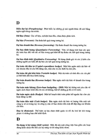 D
Dien d~t I~i (Paraphrasing) Phat bieu l~i nhiIng gl rna nguCii khac dii n6i bang
ngOn ngu deng Clla rninh.

DiI Ii~u (Data) cac s6li~u, sl! ki~n ban dllu, chua dU<;1c phful tfch.

DJ! bao (Forecasts)   Dt! doan ket qua trong tuong lai.
DJ! bao doanh thu (Revenue forecasting) DI! doon doanh thu trong tuong lai.

Dl,f bao dinh IU<;1Dg (Quantitative Forecasting) Vi~c Slr d1,lIlg rn.:)t lo~t cac quy
t1k toan hQc d6i vai cac s6 li~u trong qua khu de dv doan cac ket qua trong tuong
lai.

Dl,f bao djnh tinh (Qualitative Forecasting) SU d~ng danh gia va cac        y kien cila
nhiIng ngumarn hieu de dV 000 cac ket qua trong lOong lai.

Dl,f toan chi dau tu (Capital expenditure budget) M.:)t ban ngil.n sach dl! 000 ve
cac khoan dilu tu cho bilt d.:)ng san, nha cira va cac thiet bj chU yeu.

DJ! toan chi phi kha bien (Variable budget) M.:)t dl! toan co tfnh Mn cac chi phi
co tM bien diSi theo kh6i IU91lg.

DJ! toan doanh thu (Revenue budget) Ban ngil.n sach dl! tfnh ve doanh thu trong
tuong lai.

DJ! toan rnirc khong (Zero-base budgeting - ZBB) M.:)t M th6ng rna yeu cau ve
ngil.n Sikh du<;1C kht'ri dilu tlr con 56 khOng, ba:t ke nhiIng gl. dii co tir tru&:.

DJ! to:in ngan sach (Budget) MQt ke hoq.ch tfnh toan phful biS ngu6n II!C cho cac
h~t dQng c~ the.

Dl,f toan tien ~t (Cash budget) Ban ngil.n sach dl! bao ve IU91lg tien rn~t rna
cOng ty se co trong tay va cOng ty can co bao nhieu tien rn~t de dap tIng cac khoan
chi tieu.

Duy   Iy  (Rational) The hi~n sl! ll!a chQn nMt quan va t6i da hoa 19i fch trong
ph~rn   vi nhiIng hq.n cM nMt djnh.




Da d~ng ve ky nang (Skill variety) Muc d.:) rna rnQt cOng vi~c bao g6m cac hoq.t
d.:)ng kMc nhau doihoi cac ky nang va tai nang khac nhau.

96                                      Thu hut, Tim kitfm va LIfn ehQn Nguon Nluin life
 