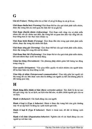 G
Giii tri (Values) NhUng niem tin cfl ban ve cli gi HI dung va cli gi 1lI sai.

Giai do~n chuiin hoa (Norming) Giai do~n thtl ba cua qua trlnh phat trien nhom,
du(,1c d~c Inmg ooi cac m6i quan h~ cMt cM va sl! glin bo.

Giai do~n chuyi!n nhom (Adjourning) Giai do~ cu6i cung cua sl! pMt trien
nhom d6i vai. cac nhom t;:tm thm, d~ trung bbi. sl! quan tam d€n vi~c t6ng ket cac
hOlt d¢ng hon H. vi~c tht,rc hil,'n nhi~m ~.

Giai do~n blnb tbanb (Forming) Giai do;:tn dAu tien trong qua trlnh pMt trien
nhom, du(,1c ~c tnmg bOi nhieu Mt djnh.

Giai dOl,ln sOng gio (Storming) Giai dOln thll: hai cua qua trlnh phat trien nhom,
du(,1C ~c tnmg bbi. xung dl)t nl)i bl) nh6m.

Giai do..n thlc thi (Performing) Giai do~ thll: tu cua qua tdnh pMt trien nhom,
khi ml)t nhOm thl!C sl! di vao ho~t d¢ng.

Giarn lao dQng (Decruitment) cac phuong pMp nh&m giam bOt lugng lao dl.ng
trong clIng ty.

Giao quy~n (Delegation) Vi~c giao thftm quyen va trach nhi~ cho ngum khac
de hI> thl!C hil,'n c~c ho~t dqng c~ the.

Giao tiep cl nban (Interpersonal communication) Giao ti€p giua hai ngum tra
len trong do cac ben dugc xem nhu la nhUng con ngum c¥ the chll: kh6ng phiii la
d6i tugng giao tiep.


H
Ranh dQng di~u cbinh C(J ban (Basic corrective action) X3.c dinh ly do t~i sao
ket qua c6ng vi~ hi sai l~ch, sai l~ch nhu the nao, va di~u chinh ngu6n g6c cua SI!
sai l~ch.

Ranb vi (Behavior) cac hflnh dl)ng cua con ngum.

Ranb vi lo ..i A (Type A behavior) Ranh vi du(,1C ~c tnmg bbi. cam giac thuOng
tfl!c v~ sl! cap bach va d¢ng ll!c c~h tranh qua mll:c.

Ranb vi   lo~i   B (Type B behavior) Hflnh vi thoiii mai,      d~   dai va kh6ng   c~nh
tranh.

Ranb vi t6 cbuc (Organisation behavior) Nghien CUll ve cac hanh dqng cua con
ngum t~i nm lam vi~.



98                                      Thu hUt. Tim kiem va Llfa ch'ln Ngu6n Nhdn life
 