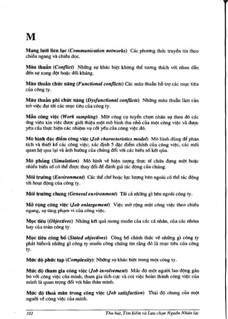 M
M:,mg 11f0i lien I~c (Communication networks) cac phu<1Ilg thuc truy6n tin theo
chi6u ngang va chi6u dqc.

Mau thuin (Conflict) Nhitng sl! khac bi~t khOng the tU<1Ilg thich vOi nhau dftn
den sl! xung d(lt ho?-c doi khang.

Mau thuin chuc nllng (Functional conflicts) cac mllu thuftn h6 tn;l d.c mvc tieu
cua cllng ty.

Mau thuin phi chUc nllng (Dysfunctional conflicts) Nhitng mllu thuftn           lam can
trb vi~ d~t too. cac mvc tieu CUa cllng ty.

Mau c6ng vi~c (Work sampling) M(lt cllng cv tuyin chqn nhlin sl! theo do cac
~~~~~~~~~~~~cUa~~~~~
yeu eltu thl!c hi~n cac nhi~m   vv cot y€u eua cllng vi~c do.
Mo hlnh d~c di~m cong vi~ (Job characteristics model) Mo hlnh dung de phlin
tich va thi€t k€ cae cllng vi~; xae djnh 5 ~e diem ehinh eua ellng vi~, cac moi
quan M qua l~i va imh hubng eua chUng doi vOi cae bi€n s6 ket qua.

Mo philng (Simulation) Mll hlnh v6 hi~n tugng thl!c te chUa dqng m(lt ho~c
nhi6u bien so co tM duqe thay d6i de danh gia tac d(lng cua chUng.

Moi trlfUng (Environment) cac the cM ho~c Il!e luqng ben ngoai co the tae d(lng
tm ho~t d(lng cua ellng ty.

M6i trlfUng chung (General environment) Tift ca nhitng gi Mn ngoai clng ty.

Mif rj)ng cong vi~c (Job enlargement) Vi~c mb r(lng m(lt cong vi~ theo chieu
ngang, sl! tang ph~m vi cua clng vi~c.

Mlc tieu (Objectives) Nhitng k€t qua mong muon cua cae ea nhlin, cua cac nh6m
hay eua toan cllng ty.

Mlc tieu c6ng b6 (Stated objectives) C6ng b6 ehlnh thue ve nhitng gi eong ty
pMt bieuva nhitng gi clng ty muon cong chUng tin rfuig d6 la mvc tieu cua cllng
ty.

Mli'c d9 phli'c tl,lP (Complexity): Nhitng sl! kMc bi?t trong mqt cong ty.

Mli'c dj) tbam gia cong vi~ (Job involvement) Muc d(l m(lt ngum lao d(lng glin
b6 vm cllng vi~ clla minh, tham gia tfch CJ!C va coi vi~ hoan thanh cllng vi~ clla
minh la quan trqng doi vm ban thlln minh.

Muc d(l tboa mlln trong c6ng vi~ (Job satisfaction) Thai d¢ chung cua m¢t
ngum ve cong vi~ clla minh.

102                                      Thu hUt, Tim Hein va L,!a eh(Jn NgutJn Noon l,!e
 
