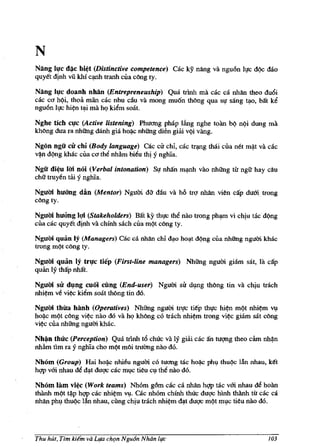 N
Nang IJ!c d~c bi~t (Distinctive competence) Cac ky nang va ngu6n 11!c dl}c dao
quy€t djnh vii khi quill tranh cua cOng ty.

Nang IJ!c doanh nMn (Entrepreneuship) Qua trlnh rna cac ca nhan theo du6i
cac CO h(ii, thoa man cae nhu cilu va mong mu6n thOng qua sJ! sang t~o, bat ke
ngu6n IJ!C hi?n tf!-i rna hQ kitlm soa!.

Nghe tich cl!c (Active listening) Phuang phap lfu1g nghe toan b(i n(ii dung rna
khOng dua ra nhitng danh gia ho~c nhitng dien giiii v(ii vang.

Ngon ngu cir chi (Body language) cac cir chi, cac t~g thai cua net m~t va cac
v~ d(ing khac cua co the nhAm bieu thi y nghla.

Ngu di~u 1m noi (Verbal intonation) SI! nMn              m~nh    vao nhi'lng til: ngii' hay cau
chii' truyen tiii y nghia.

Ngum hUOng ddn (Mentor) Ngum dO- dilu va hO tr(1 nhan vien cap dum trong
cOng ty.

Ngum huang 19i (Stakeholders) Bat ky thJ!C the nao trong ph~ vi chiu rac d(ing
Clla cac quy€t dinh va chfnh sach cua m(it cOng ty.

Ngum quan Iy (Managers) cac ca nhan chi               ~o ho~t   d(ing cua nhi'lng nguiri khac
trong m(it cOng ty.

Ngum quan Iy trJ!c tiep (First-line managers) Nhi'lng ngum giam sat, la cap
quan Iy thap nhat.

Ngum sir dJ!ng culli cling (End-user) Ngum sir dlJ.Ilg thOng tin va chiu trach
nhi?m ve vi?c kiem soot thOng tin d6.

Ngum thira banh (Operatives) Nhi'lng ngum trIJC ti€p thJ!c hi~n m(it nhi?m VJ!
ho~c  m(it ding vi?c nao do va hQ kh6ng co trach nhi?m trong vi?c giam sat c6ng
vi?c cua nhi'lng ngum khac.

Nh~n thuc (Perception) Qua trlnh t6 cMc va Iy ghU cac               an tugog theo cam nh~n
nhfun tim ra '9 nghia cho m(t m6i lrUang nao do.

Nbom (Group) Hai ho~ nhi~u ngum co lUang tac ho~c ph,! thu(ic 1M nhau, k!t
hqp vm nhau d€ d~t duqc cac m,!c tieu Cl,l the nao do.

Nh6m lam vi~c (Work teams) Nhom g6m cac ca nhan hqp tac vm nhau de hoan
thanh m(it tl).p hqp cae nhi?m VJ!. cac nhom chinh thuc duqc hinh thanh tu cac ca
nhan phl,l thu(ic 1M nhau, ciing chju trach nhi~m d~t duqc m(t ml,lc tieu nao do.




Thu hUt, Tim kie'm va   L1!a eht;m Ngu<1n Nhdn life                                        103
 