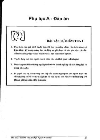 Ph~ I~c            A - £lap an



                                        HAl T!P TV Kl~M TRA 1
I. Ml,lc ti~u cua qua trlnh tuylln dl,lng lit tim fa nhfing nhan vien tiem nang co
   kien thUc. ky nAng, nAng Il!c vii d{lng ro phil hgp v&i cac y~u du, cac d~c
   dillm cua c6ng viC?c vii cac ml,lc tieu dili h~ cua doanh nghi~p.

2. Tuylln dl,lng m'>t con nguOi cho t6 ch6'c tieu t6n thM gian vii kinh phi.

3. Bl).n dang tim kie'm nhfi'ng nguOi phil hgp v&i doanh   nghi~   vel m~t nAng Il!c vii
   d(lng C(J cua h<;>.

4. Bi quye't cho si! thilnh c6ng lien tie'p cua doanh nghiC?P Iii con nguOi du<,1c l~
   chQn kh6ng chi vi cac ky nang hiC?n co cua hQ mil con vi hQ co tiem nling tl'l}
   thanh nhilng nhful vien lau nlim.




Thu hut, Tim Idem va Llfa ch{m Nguon Nhdn life                                       61
 