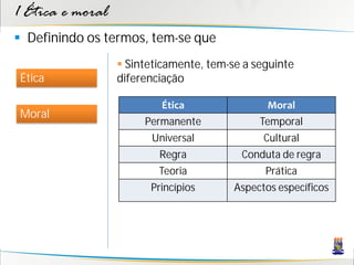 1 Ética e moral
 Definindo os termos, tem-se que
                   Sinteticamente, tem-se a seguinte
Ética             diferenciação

                          Ética                 Moral
Moral
                       Permanente             Temporal
                        Universal              Cultural
                          Regra           Conduta de regra
                          Teoria               Prática
                        Princípios       Aspectos específicos
 