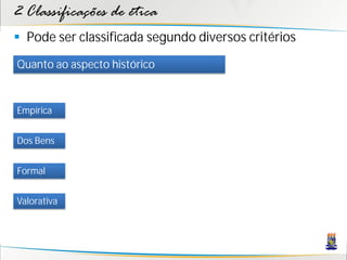 2 Classificações de ética
 Pode ser classificada segundo diversos critérios
Quanto ao aspecto histórico


Empírica


Dos Bens


Formal


Valorativa
 