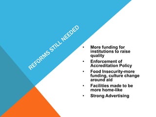 • More funding for
institutions to raise
quality
• Enforcement of
Accreditation Policy
• Food Insecurity-more
funding, culture change
around aid
• Facilities made to be
more home-like
• Strong Advertising
 