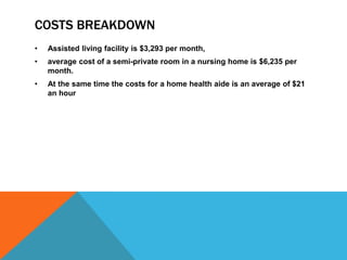 COSTS BREAKDOWN
• Assisted living facility is $3,293 per month,
• average cost of a semi-private room in a nursing home is $6,235 per
month.
• At the same time the costs for a home health aide is an average of $21
an hour
 