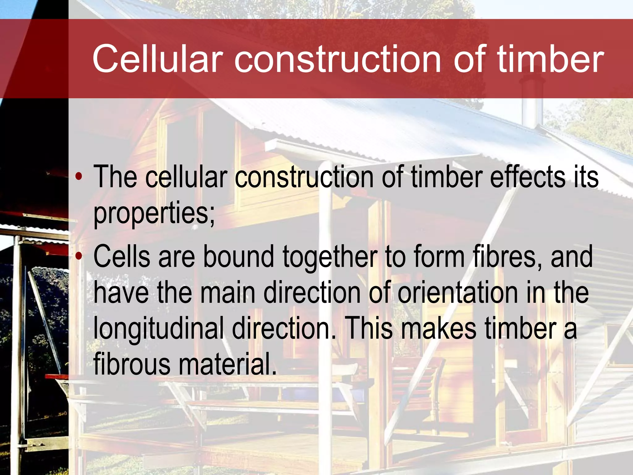 Cellular construction of timber The cellular construction of timber effects its properties; Cells are bound together to form fibres, and have the main direction of orientation in the longitudinal direction. This makes timber a fibrous material. 