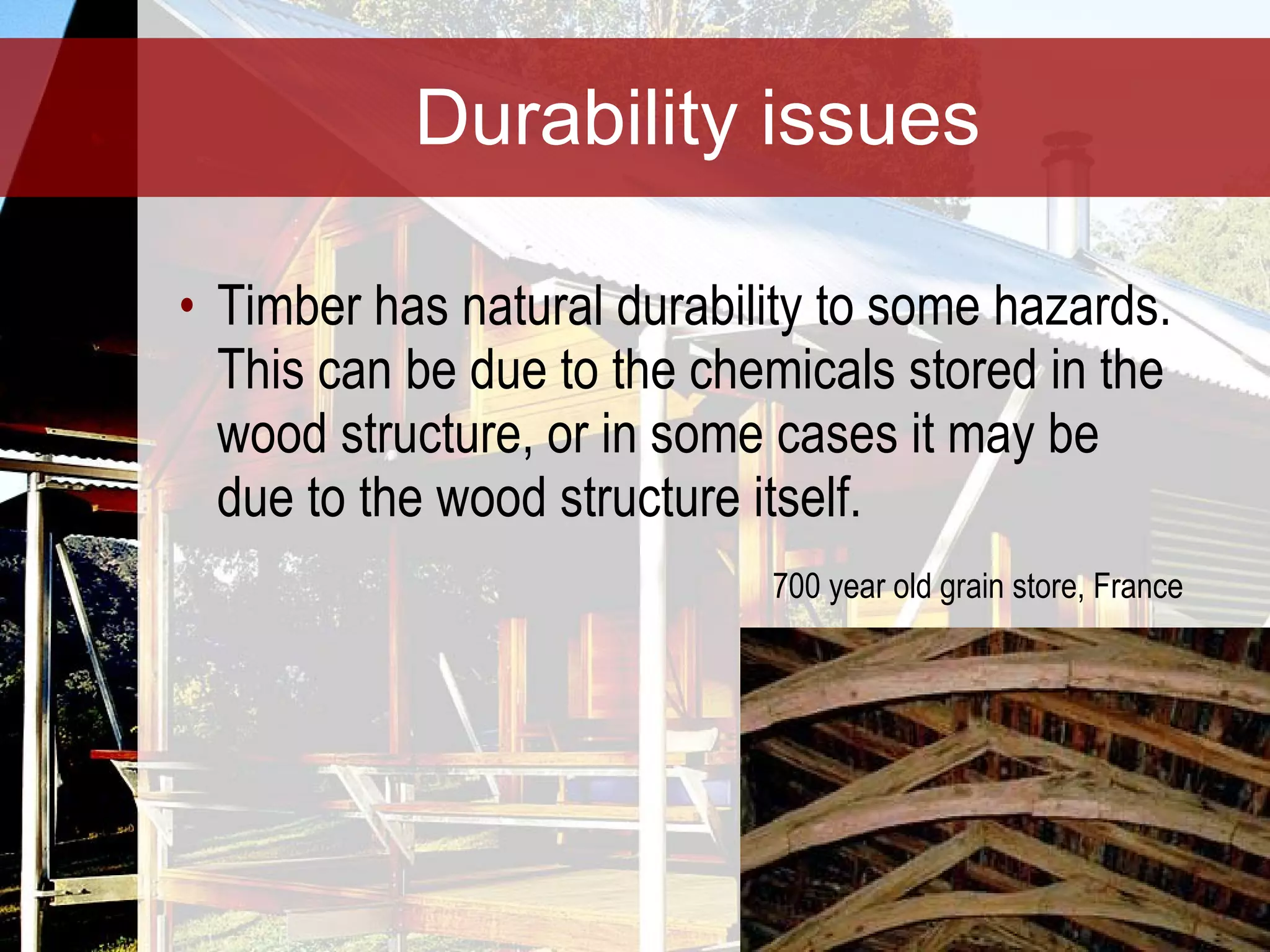 Durability issues Timber has natural durability to some hazards. This can be due to the chemicals stored in the wood structure, or in some cases it may be due to the wood structure itself. 700 year old grain store, France 