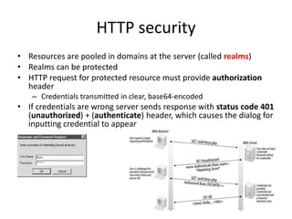 HTTP security
• Resources are pooled in domains at the server (called realms)
• Realms can be protected
• HTTP request for protected resource must provide authorization
  header
   – Credentials transmitted in clear, base64-encoded
• If credentials are wrong server sends response with status code 401
  (unauthorized) + (authenticate) header, which causes the dialog for
  inputting credential to appear
 
