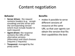 Content negotiation
Behavior                            Benefits
• Server driven: the request        • makes it possible to serve
  contains headers (e.g., accept-
  encoding) and the server pick       different versions of
  the corresponding version           resource at the same
  (client must include header in      URI, so that user agents can
  each request)
• Agent driven: the response          obtain the version that fits
  contains the URIs of the            their capabilities the best
  alternative versions
  (Alternates) and client chooses
  (requires 2 requests)
• Trasparent: managed by the
  proxy cache
 