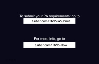 To submit your PA requirements: go to
For more info, go to
t.uber.com/TNVSPASubmit
t.uber.com/TNVS-How
 